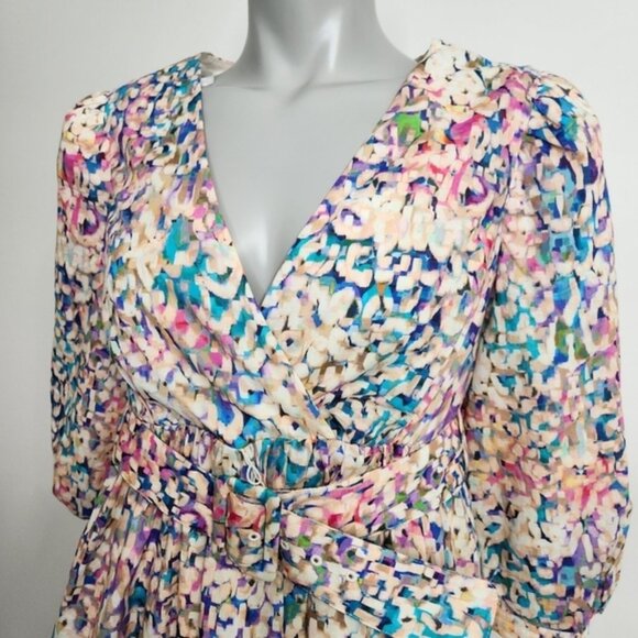 SHOL Los Angeles Abstract Print 3/4 Sleeve Tiered Mini Dress Size 4 BNWT - Picture 2 of 16